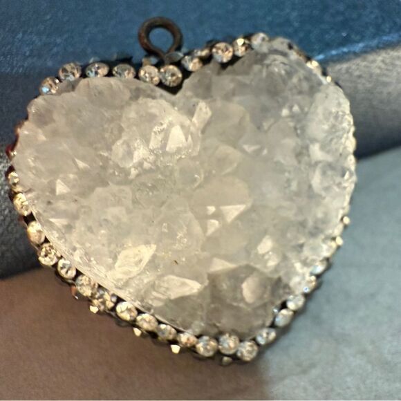 Raw Quartz Crystal Heart Pendant with Rhinestone Border - Picture 3 of 17